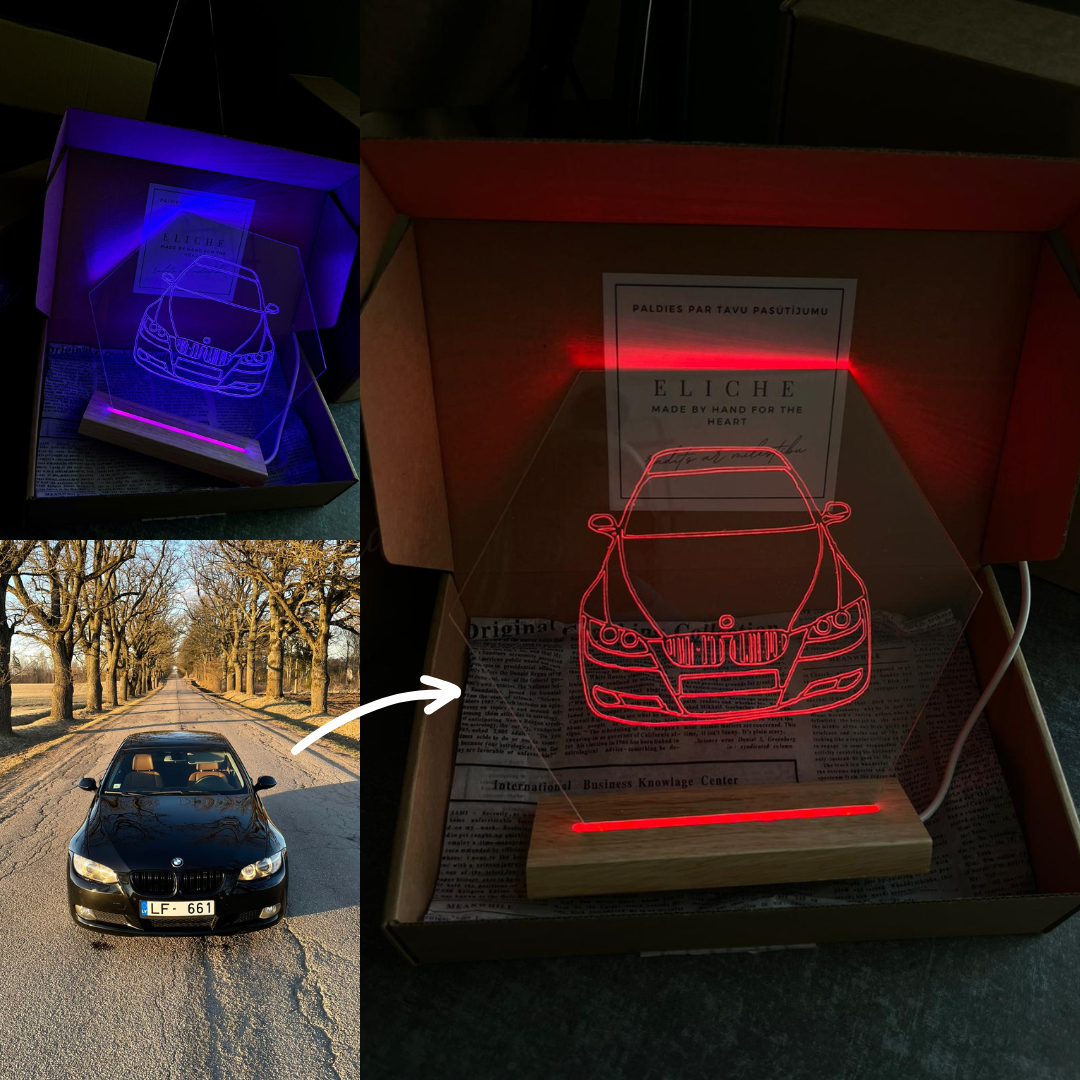 Personalizēta LED naktslampa ar auto kontūru no foto