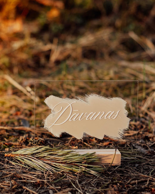 Akrila norāde dāvanu galdam "Dāvanas" kāzām